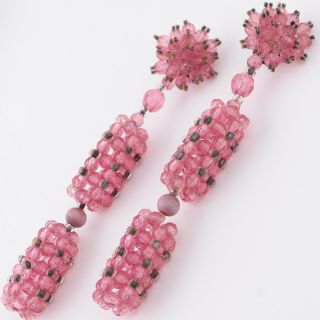 Vtg 1960’s Huge Dangle Pink Plastic Bead Dangle Drop Pendant Earrings