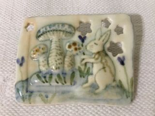Vintage Hand Crafted Glazed Clay Bunny Rabbit And Mushrooms Pin Back Brooch