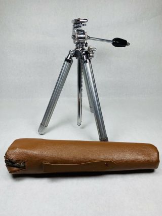 Vintage Japan Vivo Telescoping Camera Tripod Chrome Black W/ Tan Leather Case
