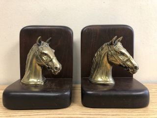 Vintage Wooden Bookends W/ Gold Metal Horse Heads