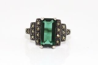 A Fine Vintage Sterling Silver 925 Art Deco Style Tourmaline & Marcasite Ring