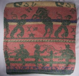 Vintage Camp Blanket Pillow Cover With Cowboys Roping Bucking Bronco Horses