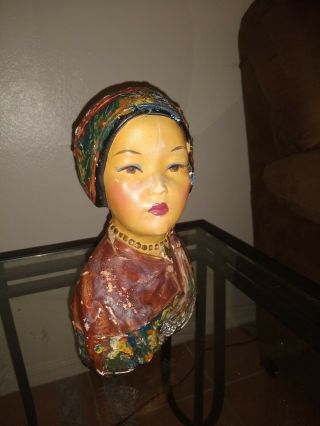 Vintage 1923 Joe Celona Chalkware Bust Chinese Asian Girl Art Deco Red 9 - 1/2 "