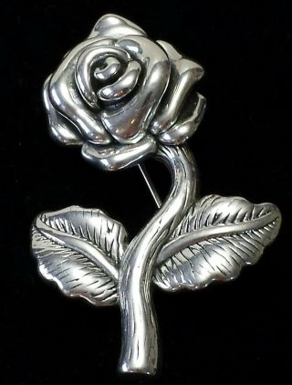 Vintage 925 Sterling Silver Hollow Puffy Rose With Stem Pin Brooch 2.  5 " X 1.  5 "