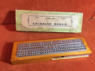 Vintage No.  2 Cribbage Board W/ Box And Pegs