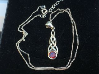Vintage Sterling Silver 925 Red Ruby/ Garnet Celtic Knot Pendant/ Necklace
