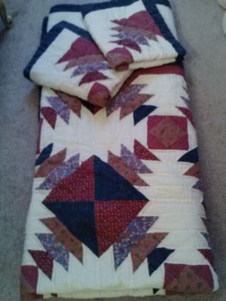 Vintage Hand Quilted Pieced&sewn Geometric Patchwork Quilt&2 Shams - 86x86 - Lovely