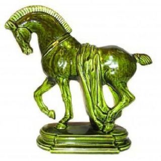 Vintage Mid - Century Modern Green Glazed Roman Horse Art Pottery Sculpture