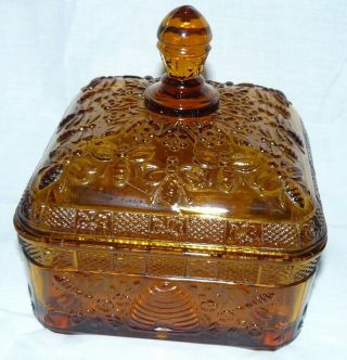 Vintage Tiara Glass Amber Honey Bee Covered Candy Dish Trinket Box Euc
