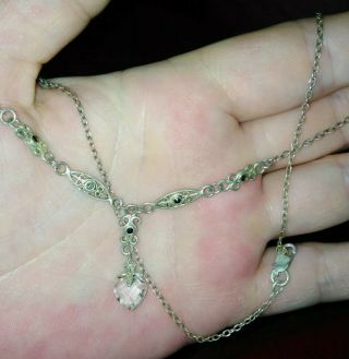Vintage Solid Silver Marcasite And Heart Shaped Glass? Crystal? Necklace