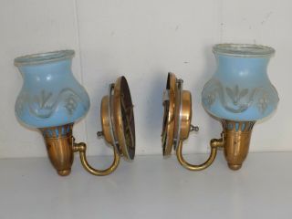 Vintage Blue Painted Glass Brass Wall Sconce Set Light