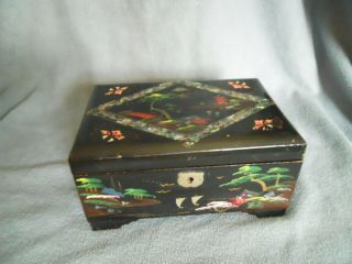 Vintage Japanese Lacquer Hand Painted Musical Jewelry Box Mother Of Pearl Inlay