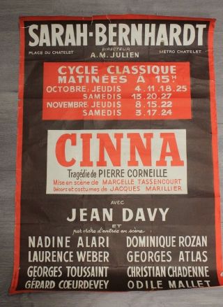 Vintage Sarah Bernhardt French Theatre Play Poster Cinna Jean Davy 22 X 16 "