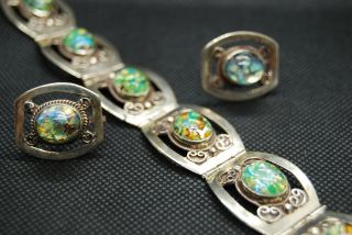 Vintage Mexican Silver Panel Bracelet Earrings Set Foil Faux Green Opal Glass