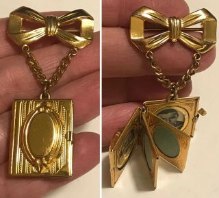 Vintage Gold Tone Tied Bow Brooch Pin With Dangling 6 Picture Book Locket