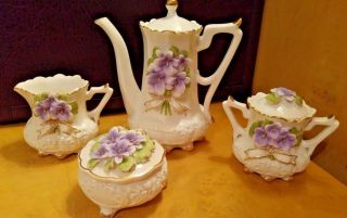 Vintage Porcelain Tea Service Set With Embossed Porcelain Violets With Gold Trim