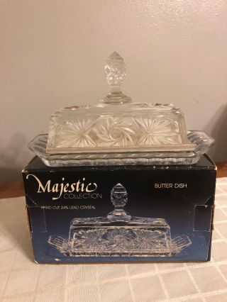 Vintage Hand Cut 24 Lead Crystal By Majestic Covered Butter Dish European
