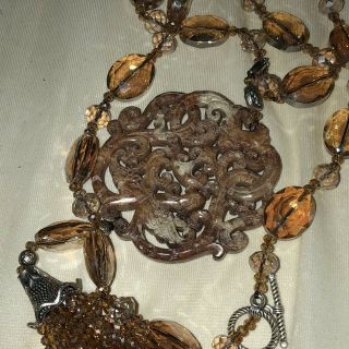 Vintage 48 Inch Bavarian Amber Crtystal And Carved Agate Pendant