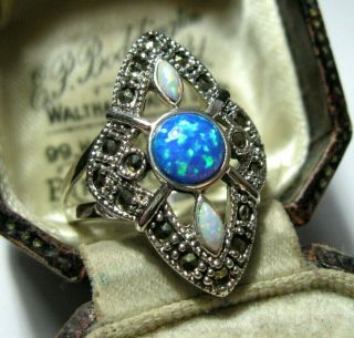 Vintage Style Art Deco Sterling Silver Marcasite Gilson Fire Opal Ring Size S 9