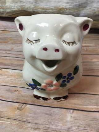 Vintage Shawnee Pottery Smiley Pig Large Pitcher Pink & Blue Flowers