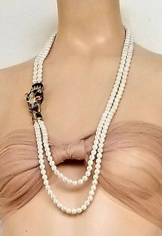 Vintage Necklace Stunning Faux Pearls Cheetah Design Blk 34 