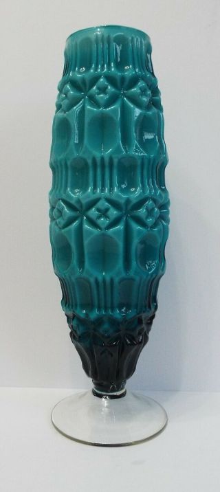 Vintage Large Retro Italian Empoli Turquoise Blue Cased Glass Vase Geometric Pat