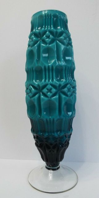 Vintage Large Retro Italian Empoli Turquoise Blue Cased Glass Vase Geometric Pat 2