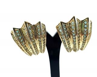 Vtg Christian Dior Gold Tone Crystal Clip On Earrings