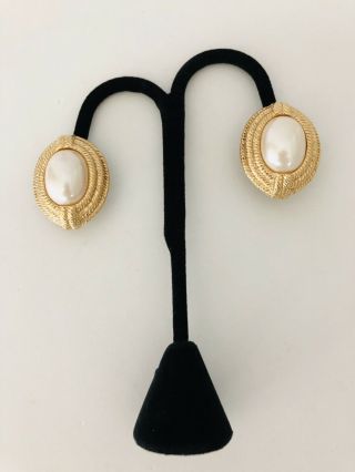 Vintage Givenchy Faux Pearl,  Gold Tone,  Braided Rope Clip On Earrings.