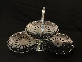 Vintage 3 Tier Chrome Clamshell Folding Tidbit Tray Hors D’oeuvres Tray