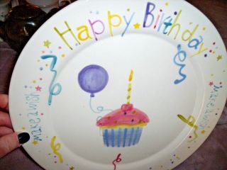 Vintage Happy Birthday Cake Plate 12 " Platter Cupcake Design Balloon Confetti