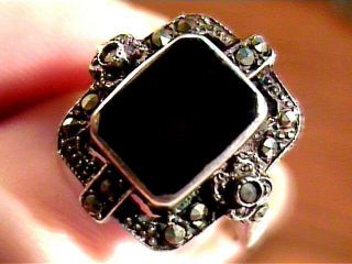 Sterling Silver 925 Ring 6 Black Onyx Natural Ladies Marcasite Old Vintage