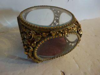 Vintage Jewelry Casket Box Brass Iron Metal Cut Roses Glass On All Sides & Top