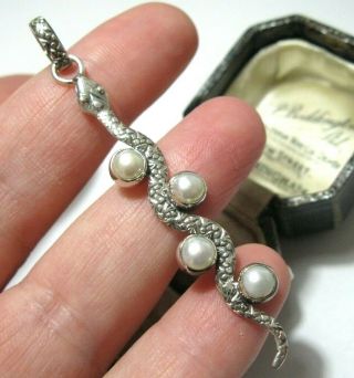 Vintage Style Solid Sterling Silver Real Pearl Snake Jewellery Necklace Pendant
