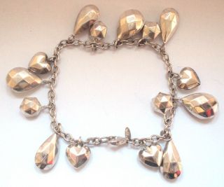 Vintage 925 Solid Sterling Silver Bracelet Hexagon Teardrop Heart Charms Heavy