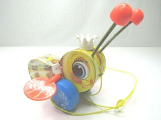 Vintage Fisher Price Queen Buzzy Bee 444 Wooden Pull Toy Crown Usa Made