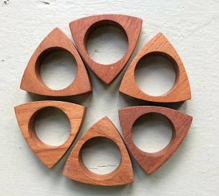 Vintage Mcm Teak Napkin Rings Mid Century Danish Modern Triangular Wood Set Of 6