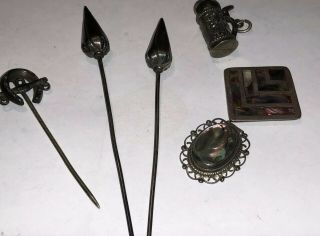 Vintage Sterling Stick Pins,  Scrape Silver,  800 Silver German Stein Charm