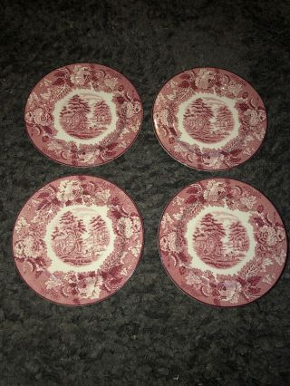4 Vintage Enoch Woods Woods Ware English Scenery Bread & Butter Plates,  Red Pink