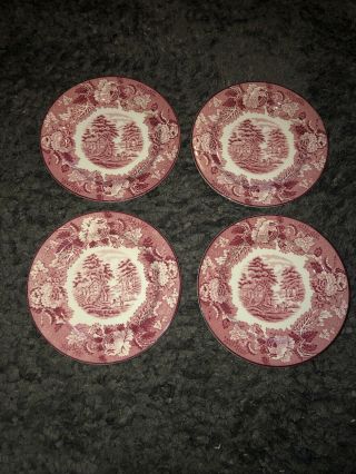 4 Vintage Enoch Woods Woods Ware English Scenery Bread & Butter Plates,  Red Pink 2