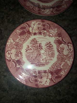 4 Vintage Enoch Woods Woods Ware English Scenery Bread & Butter Plates,  Red Pink 3