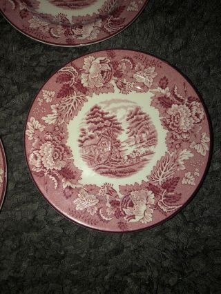 4 Vintage Enoch Woods Woods Ware English Scenery Bread & Butter Plates,  Red Pink 4
