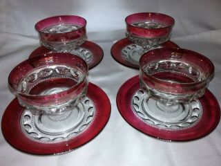 Set Of 4 Vtg Ruby Cranberry Flash Kings Crown Tiffin Footed Sherbet Bowl & Plate