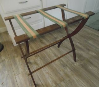 Vintage Hotel Motel Luggage Suitcase Folding Rack Stand - Wood W/ Color Straps