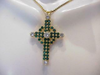 Vintage Religious Crystal Cross Crucifix Pendant Necklace D&e Green Clear Gold