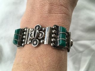 Fine Vintage Mexican Sterling Silver Link Bracelet W Green Onyx Estate Jewelry