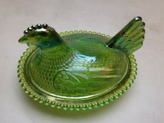 Vintage INDIANA GLASS HEN ON A NEST Iridescent Green Carnival Candy Dish 2