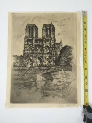 Vintage 1919 Pencil Signed Etching Of Notre Dame By French Artist Ernest Laborde