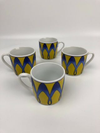 Set 4 Retro Vintage Espresso Coffee Demitasse Cups Yellow Blue Porcelain Demi