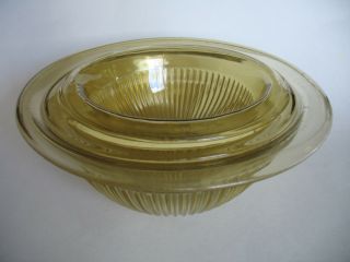 3 Vintage Federal Yellow Amber Depression Glass Nesting Mixing Bowls Ribbed